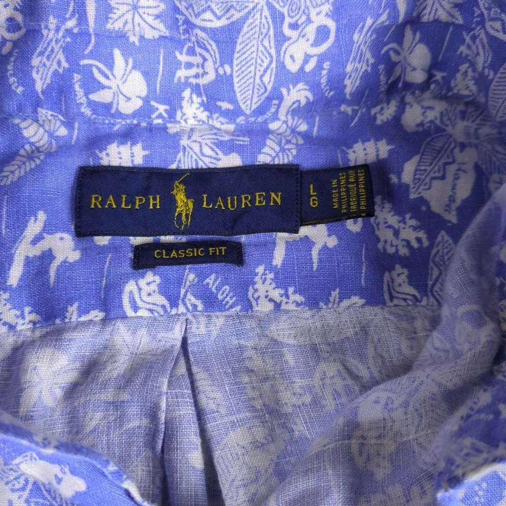 Polo Ralph Lauren Hawaiian Shirt Mens Large Blue White Chambray Long Sleeve